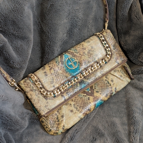 Gianni Bini Handbags - Gianni Bini foldover clutch bag in a brown and blue snake print